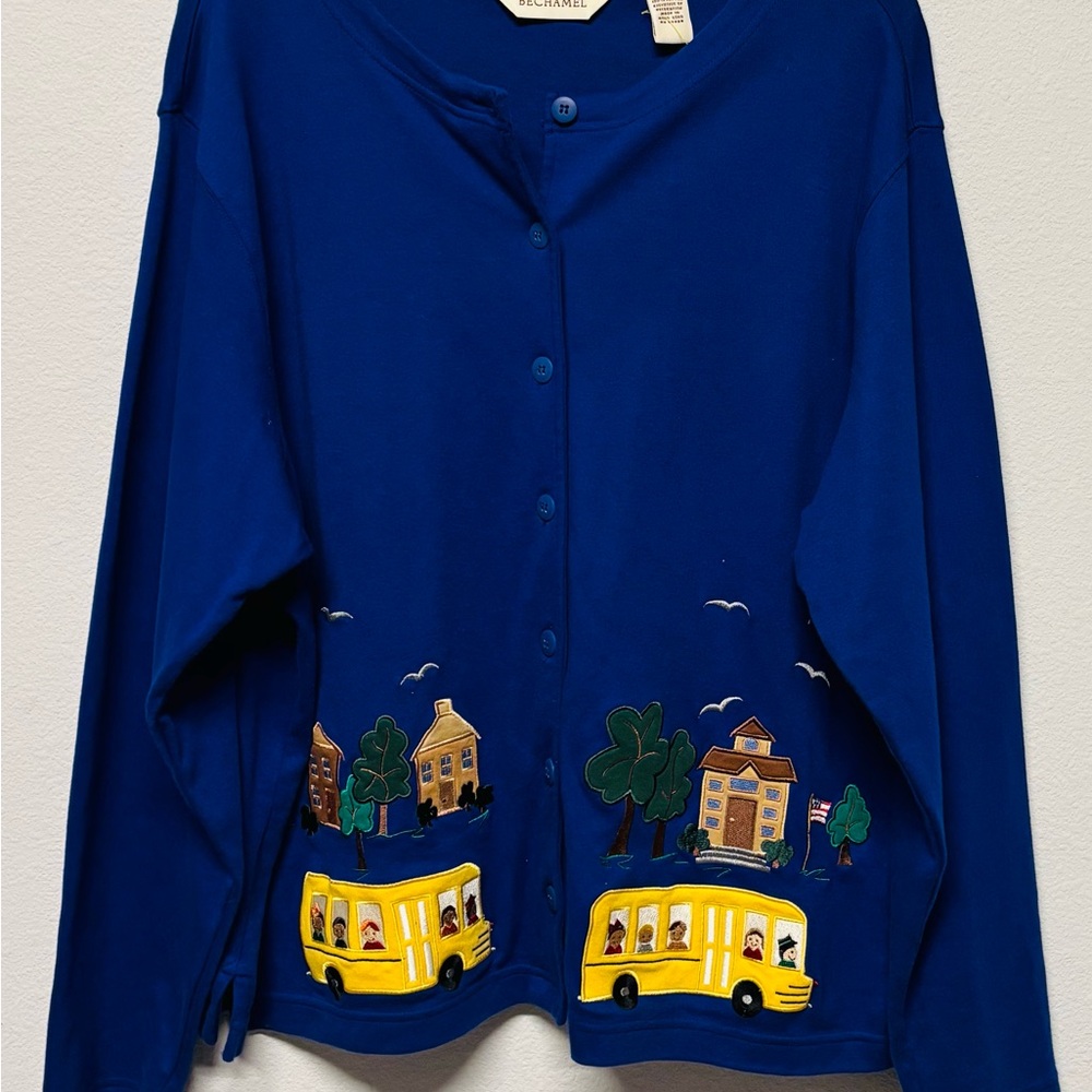 Bechamel Blue Button‎ Front Cardigan Jacket Embroidery School Bus XL Vintage